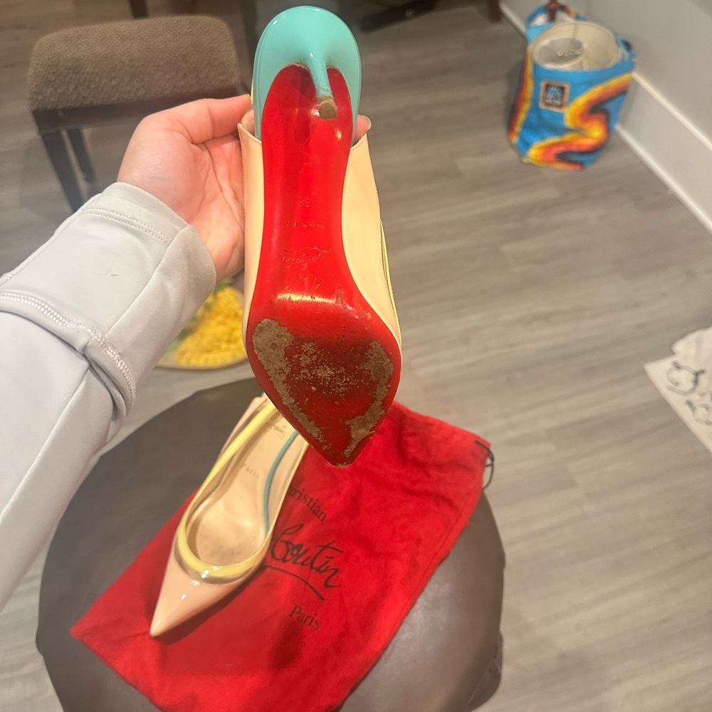Christian Louboutin Beige and Yellow Slingback Heels - Picture 3 of 4